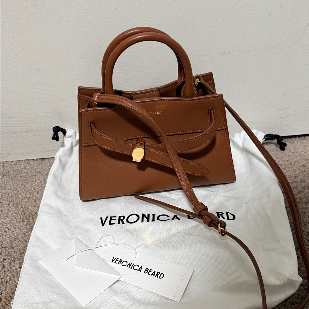 Veronica Beard Cognac Leather Mini Satchel with Gold Hardware